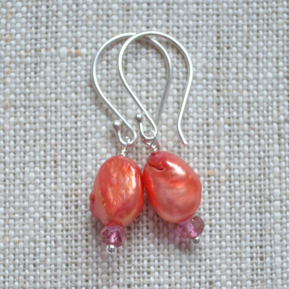 Orange Pearl and Pink Topaz Earrings in Sterling Silver - Made in Canada